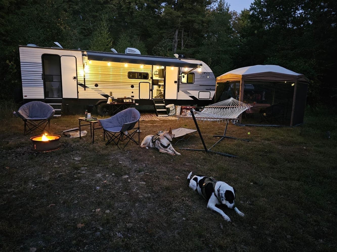 Travel trailer lit from inside at dusk with a hammock strung nearby and a dog resting on the grass